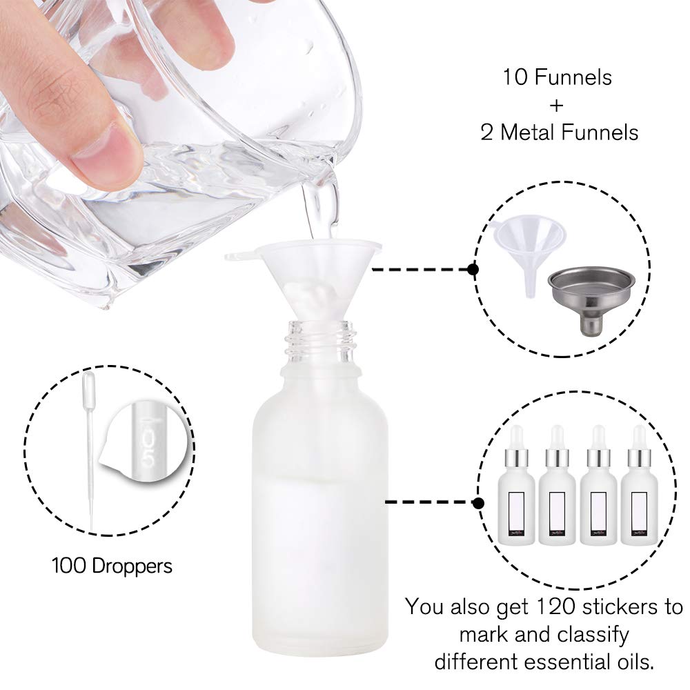 PrettyCare Glass Dropper Bottles Set of 99, 1oz (30ml) Frosted Empty Thick Bottles Bulk with Leakproof Silver Caps - With Labels & Funnels for for Storage, Travel,Essential Oils, DIY Serums