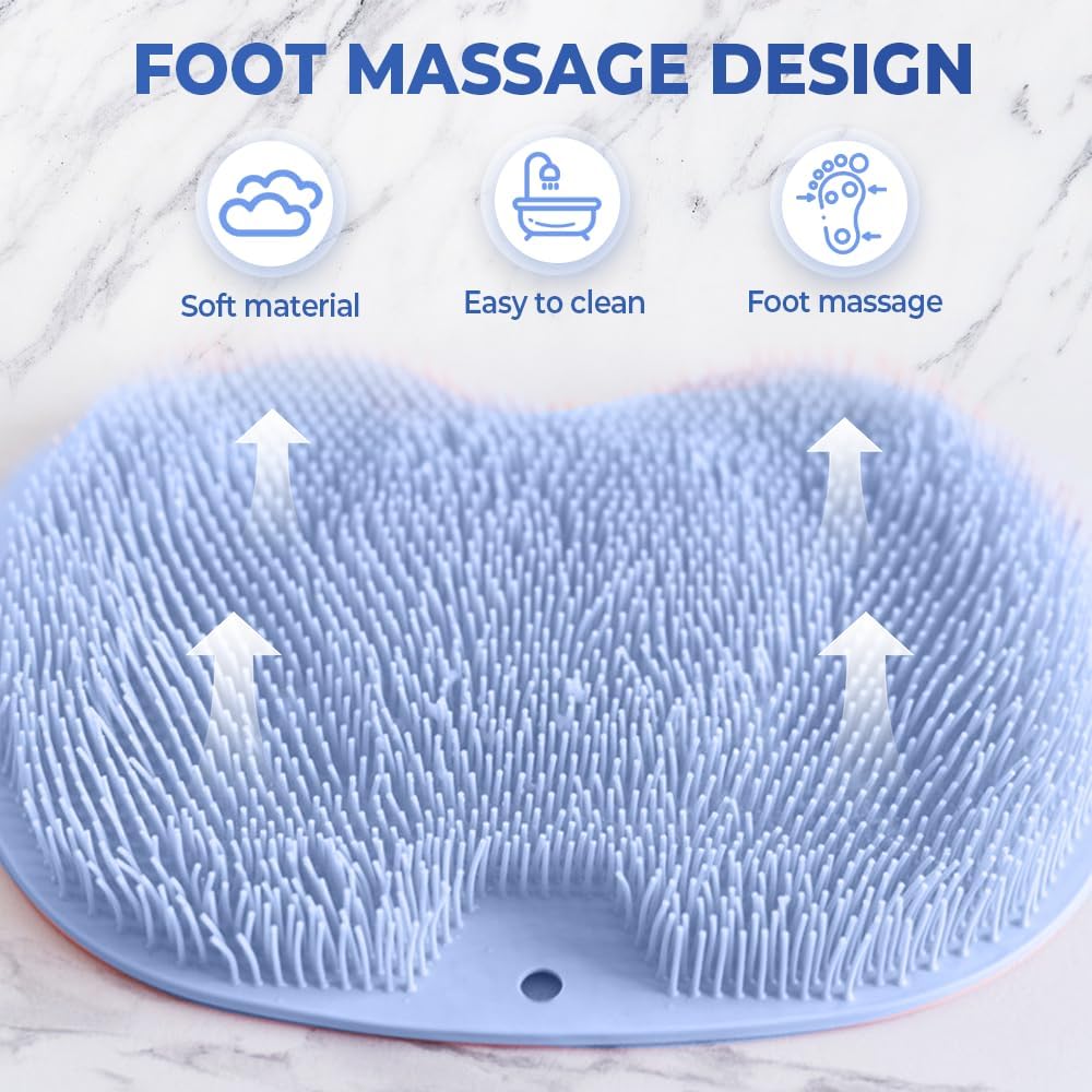 Shower Foot Scrubber Mat with Non-Slip Suction Cups, Non Slip Bathtub and Shower Mat with Suction Cups and Drain Holes, Foot Back Cleaning Pad Back Washer Exfoliating Bath Wash Pad (Blue)
