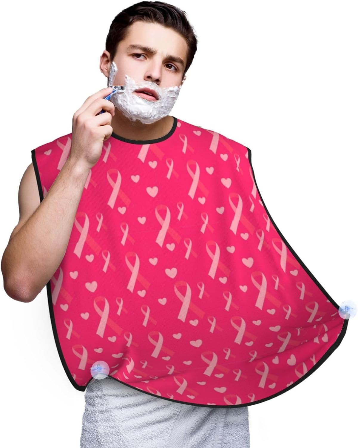 Adjustable Beard Catcher Apron, Love Heart Breast Cancer Awareness Ribbons Shave Bib, Non-Stick Waterproof Grooming Bib, Shaving Essential for Men Dad Christmas