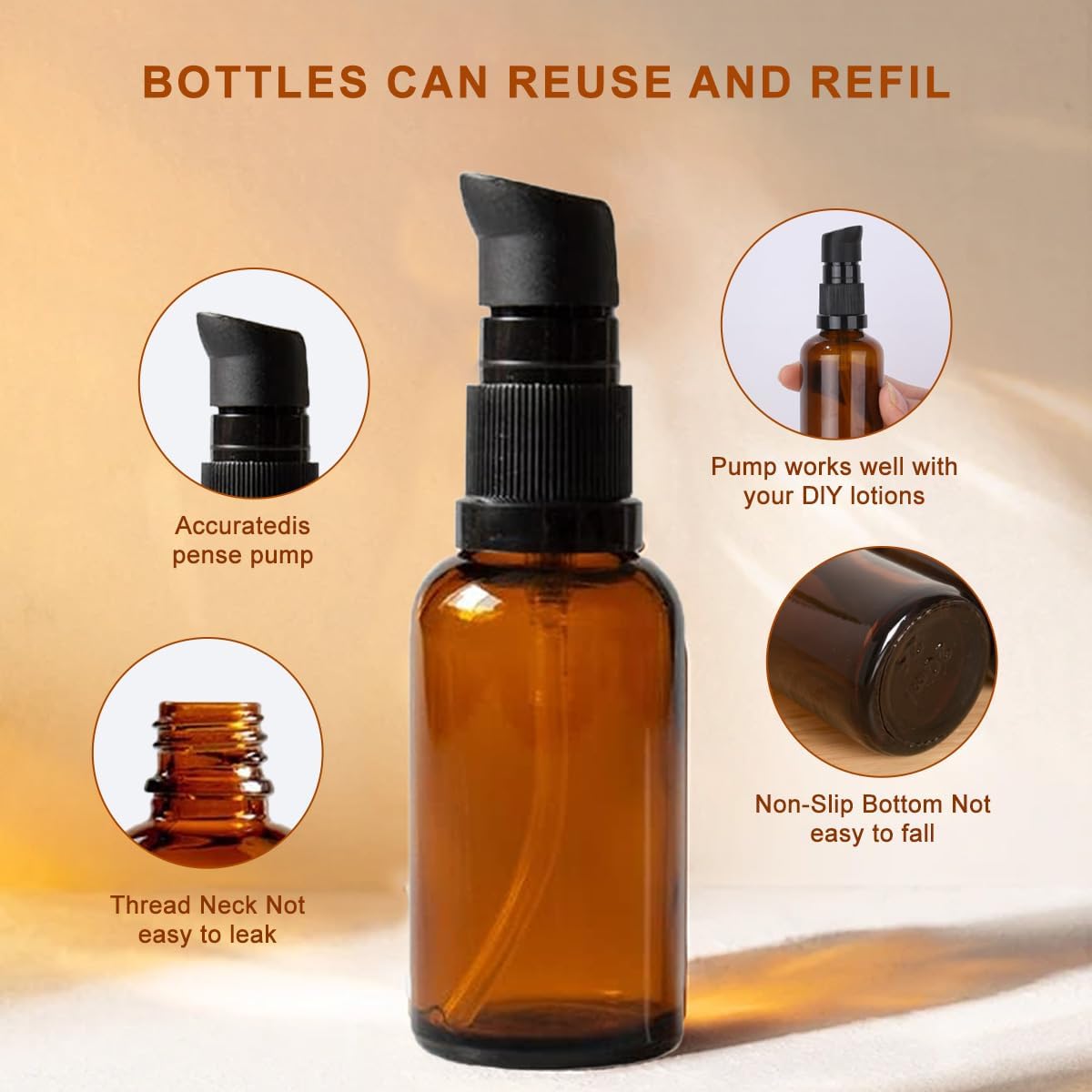 2PCS Upscale Amber Glass Refillable Pump Press Lotion Bottles Container Jars Pot For Makeup Foundations Cosmetic Skin Care Cream Emulsion Essential Oils(100ml / 3.4oz)
