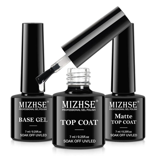 MIZHSE Gel Top and Base Coat, No Wipe Basic Clear Gel Polish Set, Matte & Shiny Top Coat, Long Lasting Salon Quality High Gloss Soak Off Nail Art Manicure Home