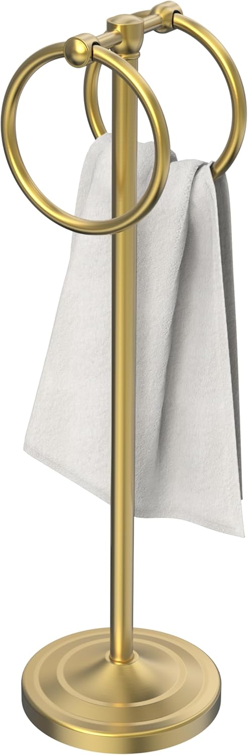 Hand Towel Holder Stand, SUS304 Stainless Steel Weighted Hand Towel Stand for Bathroom Kitchen Countertop Towel Stand with Double Stand Hand Towel Ring Total Height 18"(Brushed Gold)