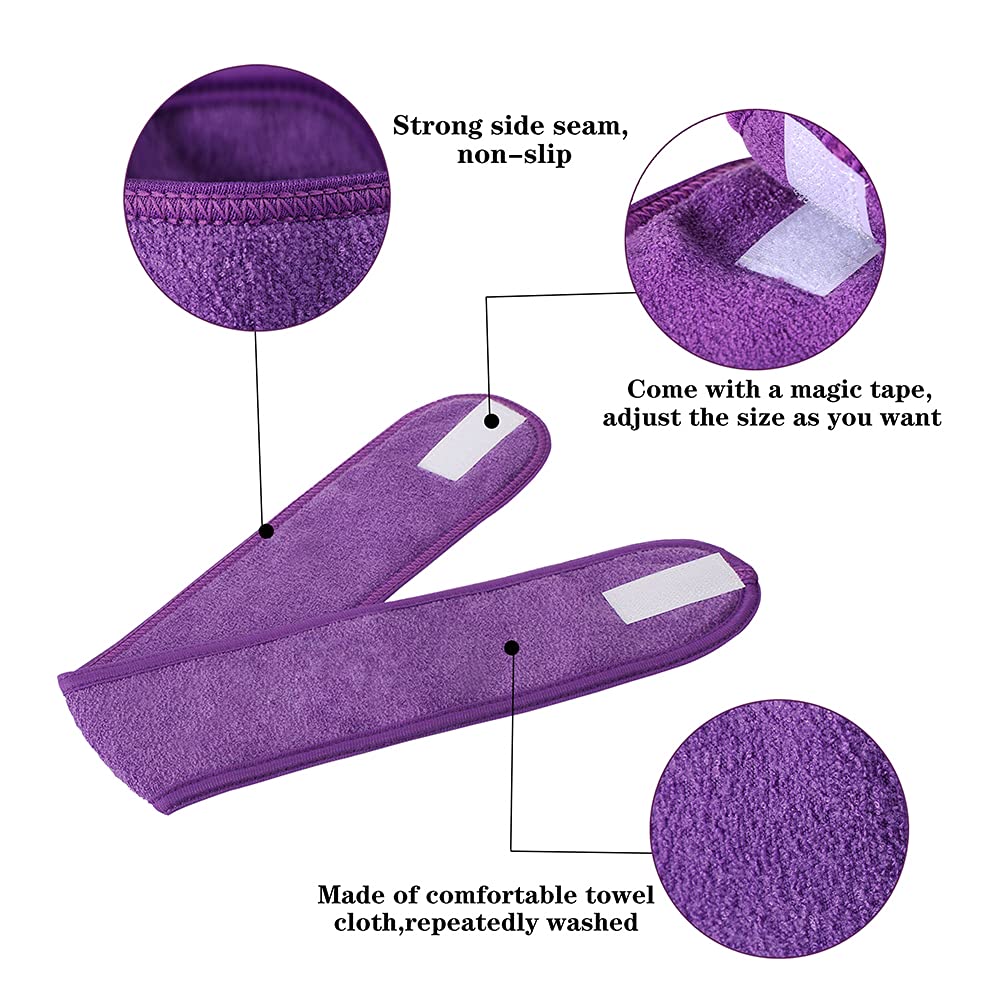 Facial Spa Headbands 4pcs, Makeup Shower Bath Wrap Sport Headband Terry Cloth Stretch Towel with Magic Tape (Blue, Mint Green, Purple, Rose)