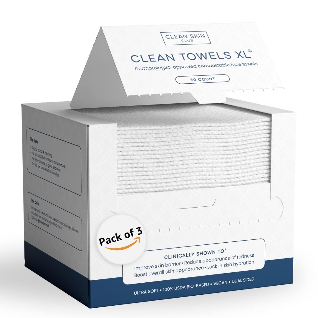 Clean Skin Club Clean Towels XL®, 100% USDA Biobased Face Towel, Disposable Face Towelette, Eczema Association Accepted, Makeup Remover Dry Wipes, Ultra Soft, 50 ct per pack, 3 Packs, 150 Ct Total