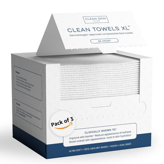Clean Skin Club Clean Towels XL®, 100% USDA Biobased Face Towel, Disposable Face Towelette, Eczema Association Accepted, Makeup Remover Dry Wipes, Ultra Soft, 50 ct per pack, 3 Packs, 150 Ct Total