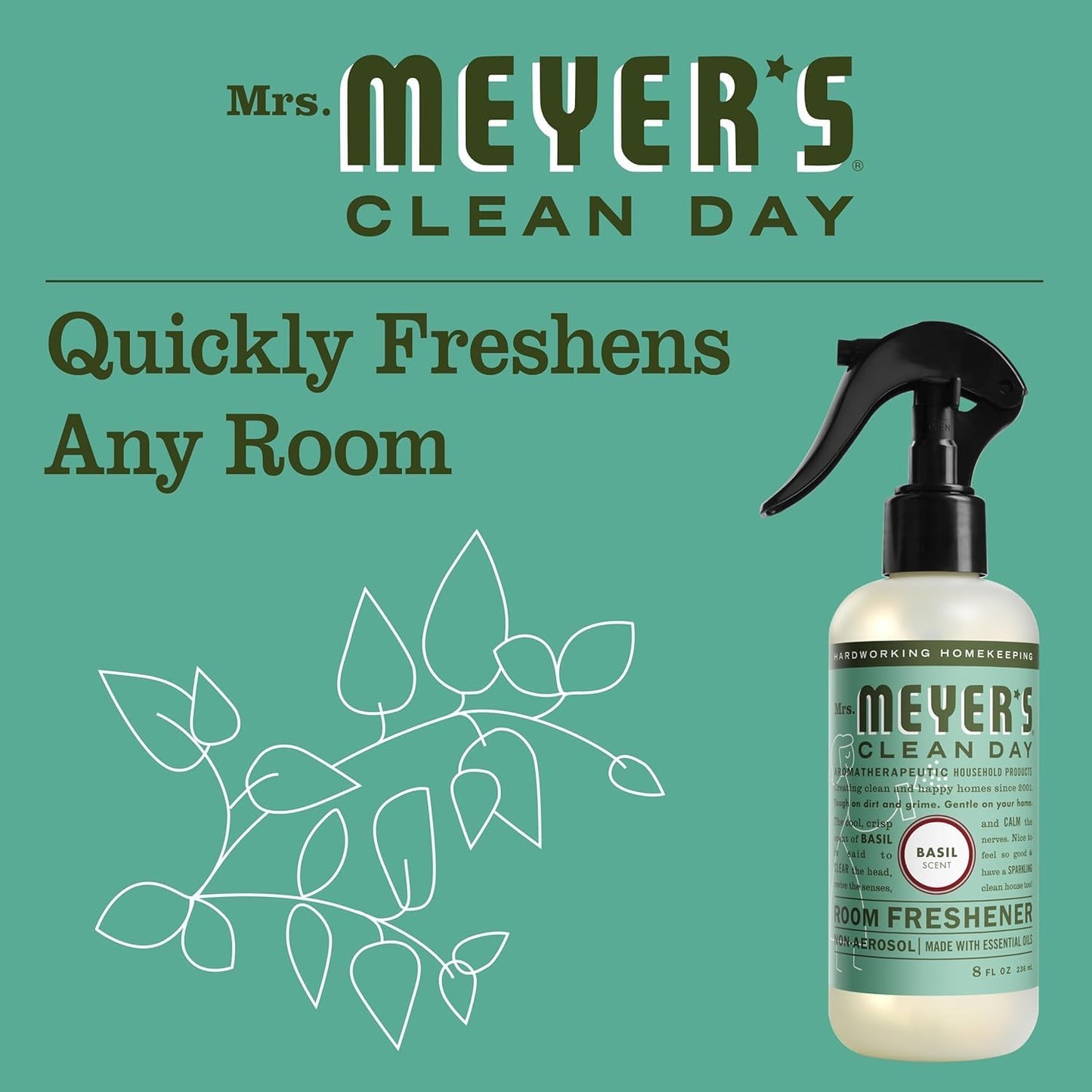 MRS. MEYER'S CLEAN DAY Room and Air Freshener Spray, Non-Aerosol Spray Bottle Infused with Essential Oils, Basil, 8 fl. oz - Pack of 3