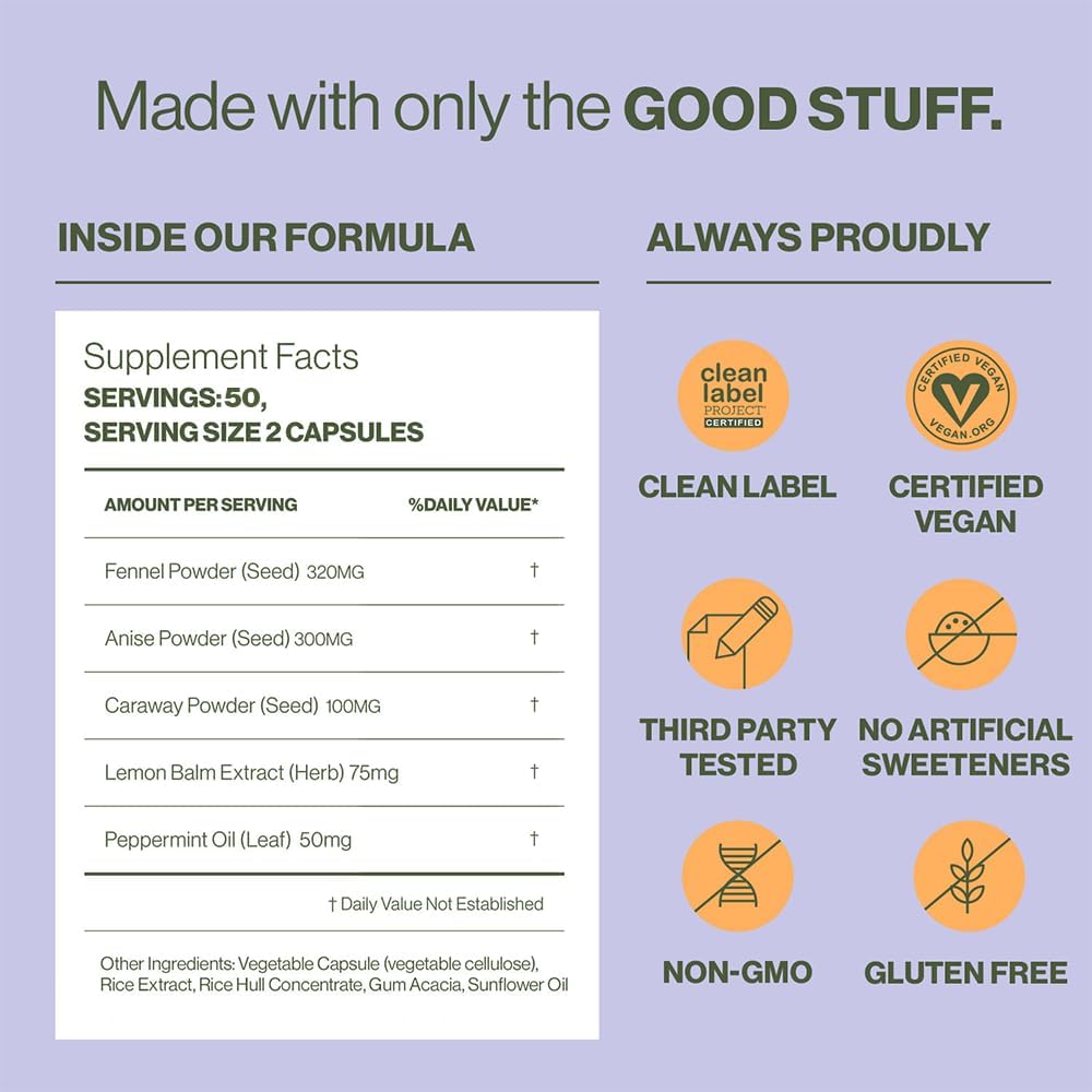 Hilma Natural Gas and Bloating Relief with Lemon Balm, Fennel & Peppermint Leaf, Doctor Formulated with Organic Ingredients, 100 Vegan Capsules