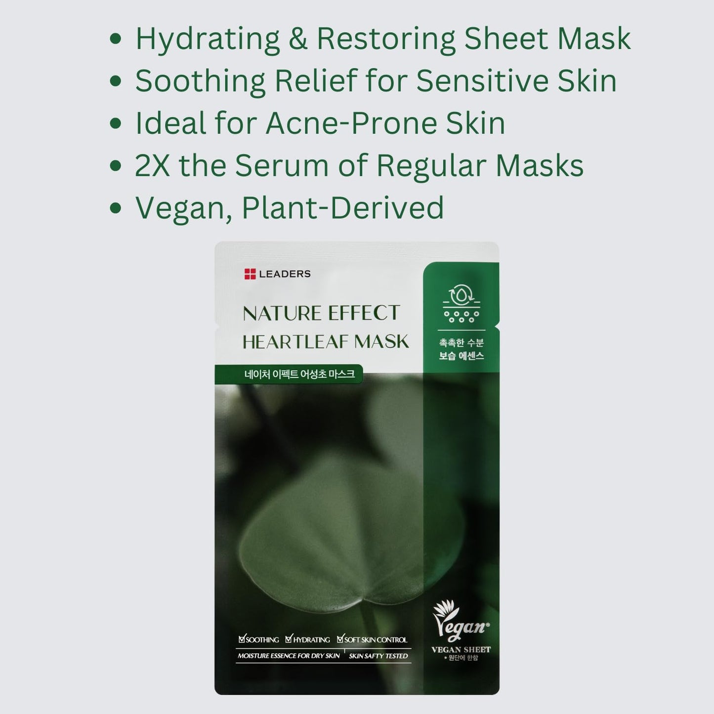 LEADERS Nature Effect Heartleaf Mask - Hydrating & Restoring Face Mask for Dry, Acne-Prone, Sensitive Skin | Soothing, Balancing, & Soft Skin Control Serum Content, Vegan Certified - 10 Sheets