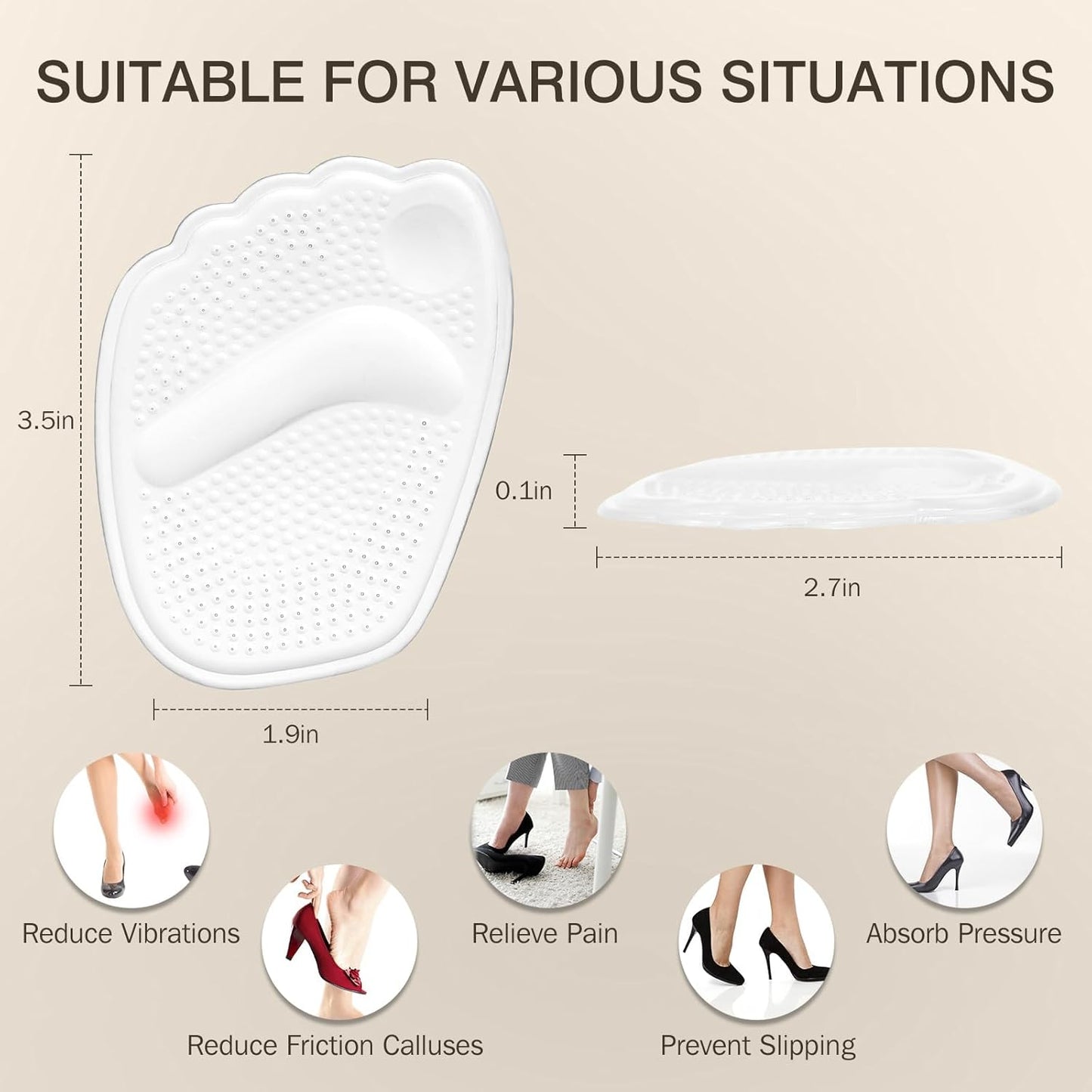 Metatarsal Pads Women, Gel Ball of Foot Cushions for Pain Relief in Shoes, Non-Slip Heel Inserts, One Size Fits All (2 Pairs, Clear)