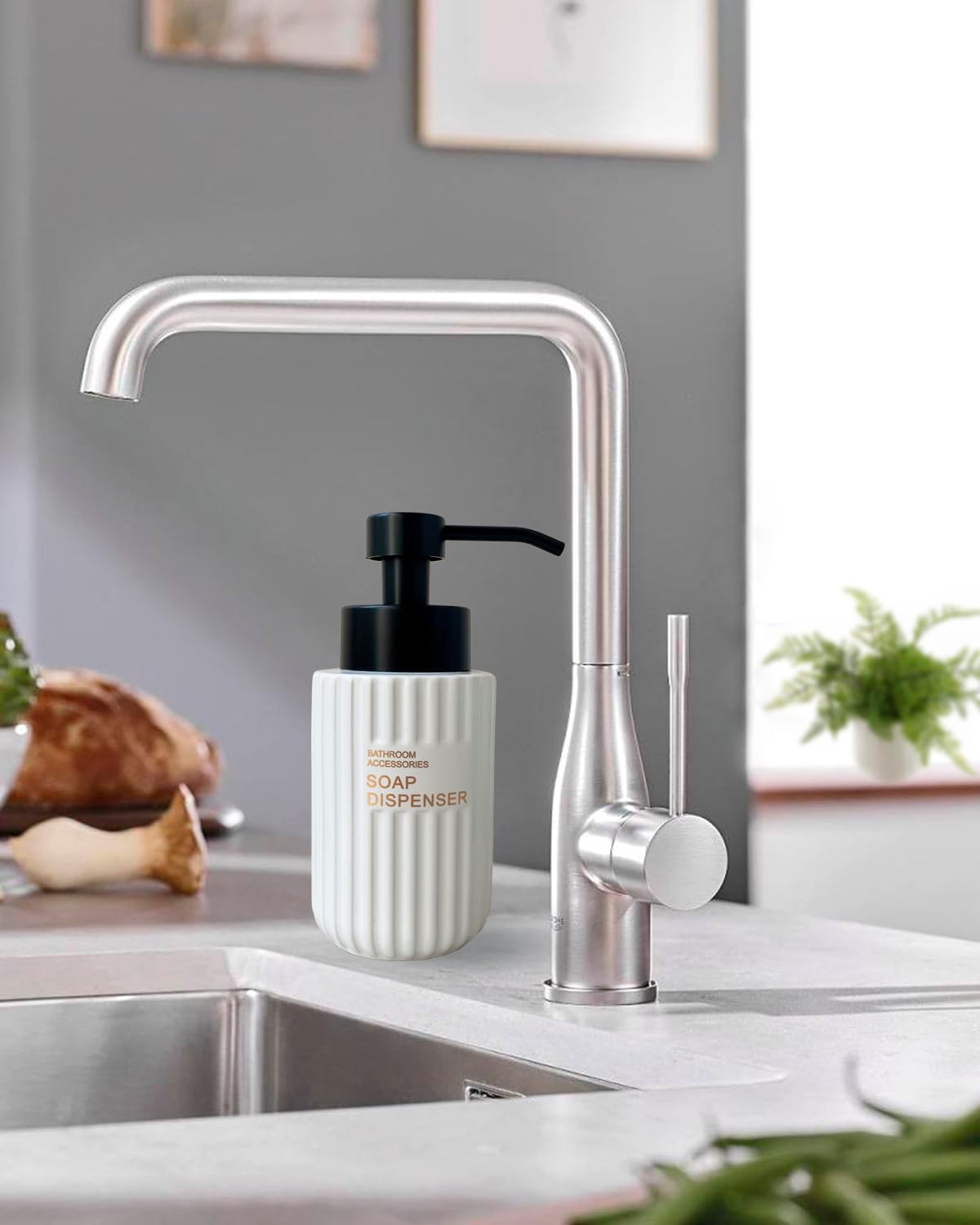 11.5 Oz Foaming Soap Dispenser for Bathroom,Kitchen Foam Soap Dispenser,Refillable Modern Foam Pump Bottle,Black Ceramic Foaming Hand Pump Dispenser (White Stripe)