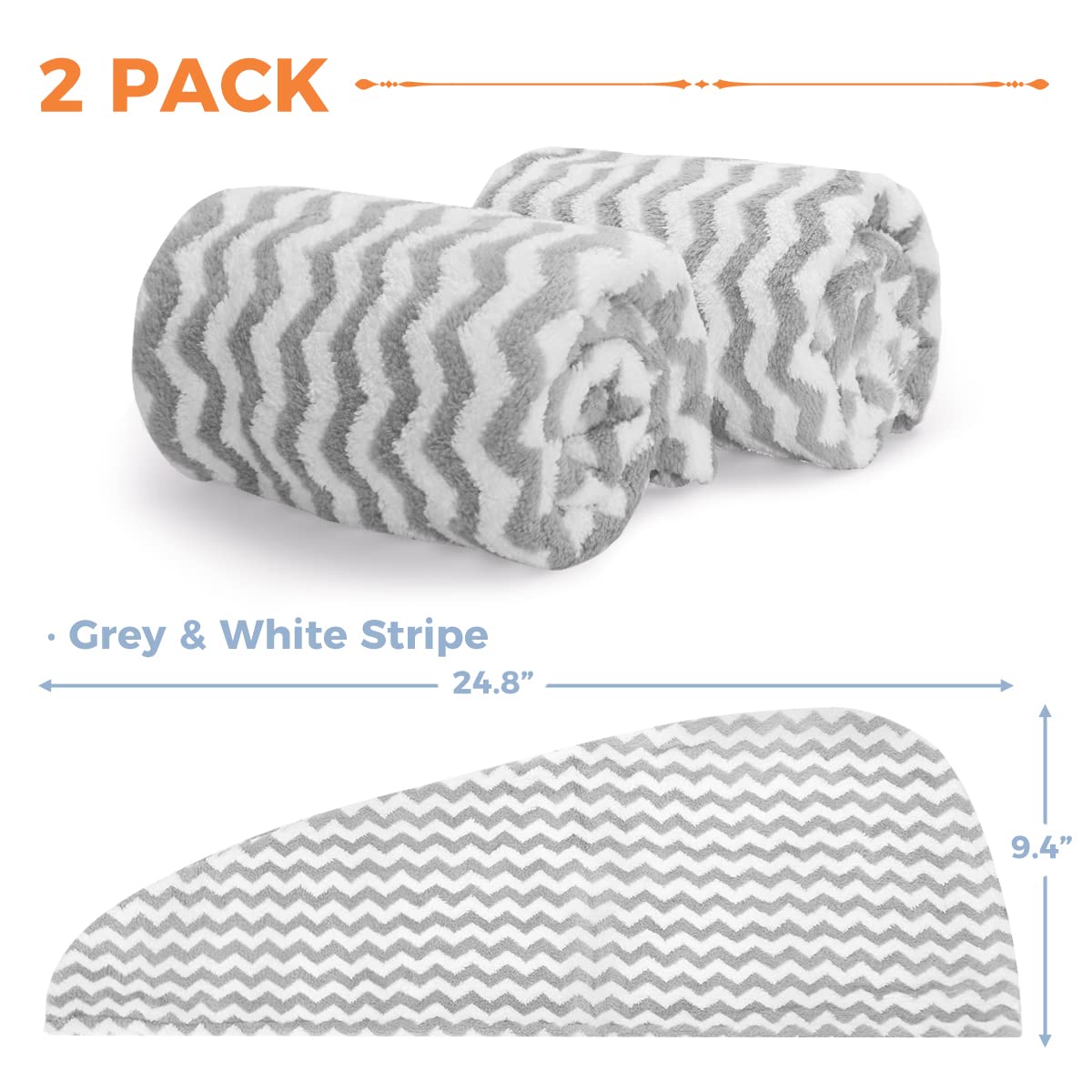 ELLEWIN Microfiber Hair Towel Wrap for Women 2 Pack,Adjustable Hair Drying Turban with Two Button,Anti Frizz,Super Absorbent Quick Stripe Dry Hair Towels for Long Thick Short Hair