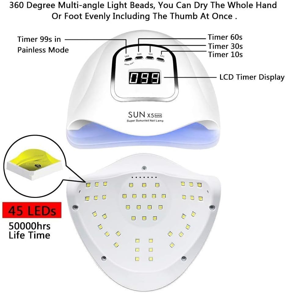 UV LED Nail Lamp 150W, Professional Nail Dryer Gel Polish Light, UV Nail Light with 4 Timer Setting, Nail Polish Curing Gel LED Dryer, Professional Nail Art Tools with Automatic Sensor (X5)