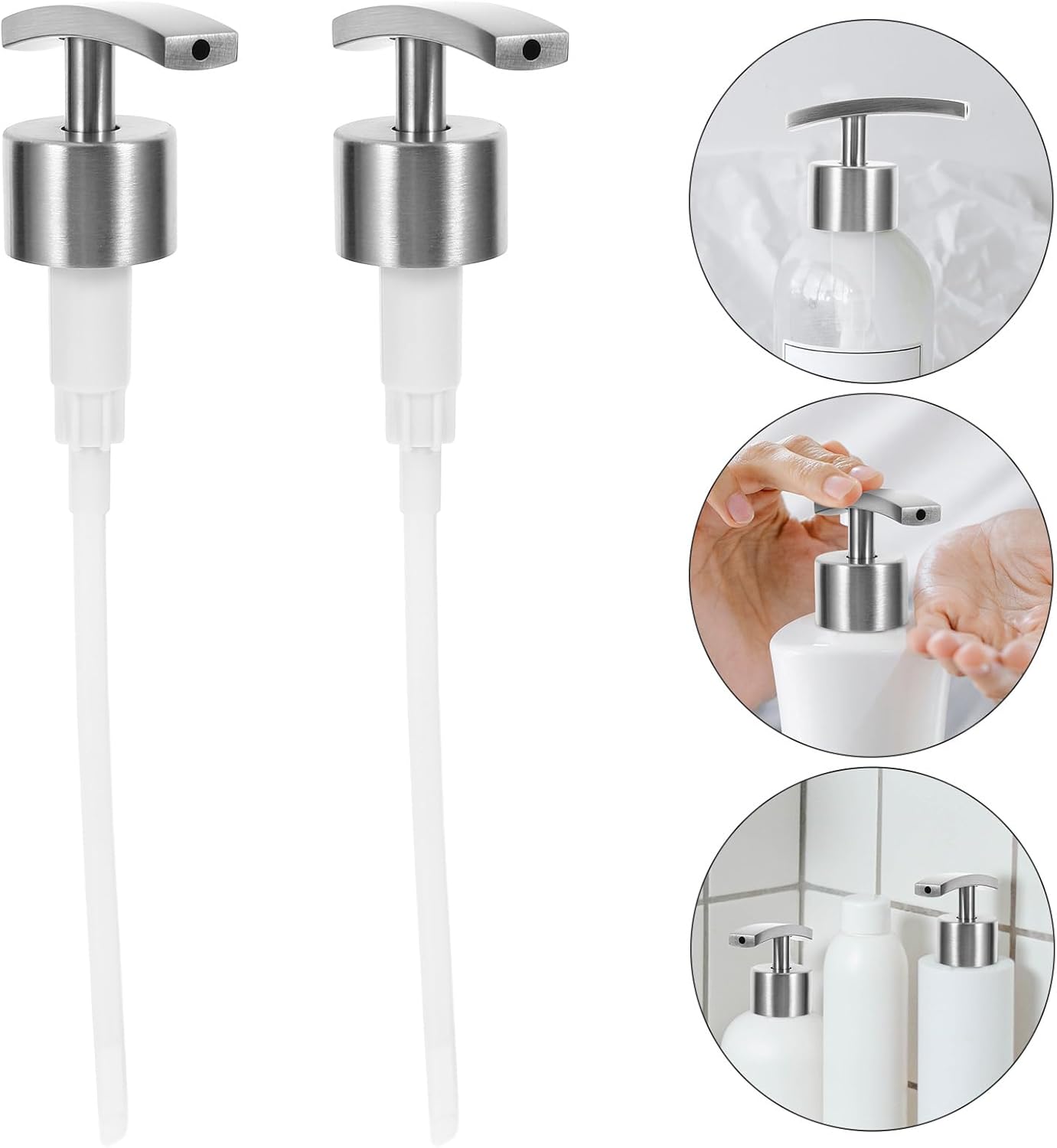 FRCOLOR 2pcs Shampoo & Soap Dispenser - Rust Proof Stainless Steel Round Bottle Pump Head