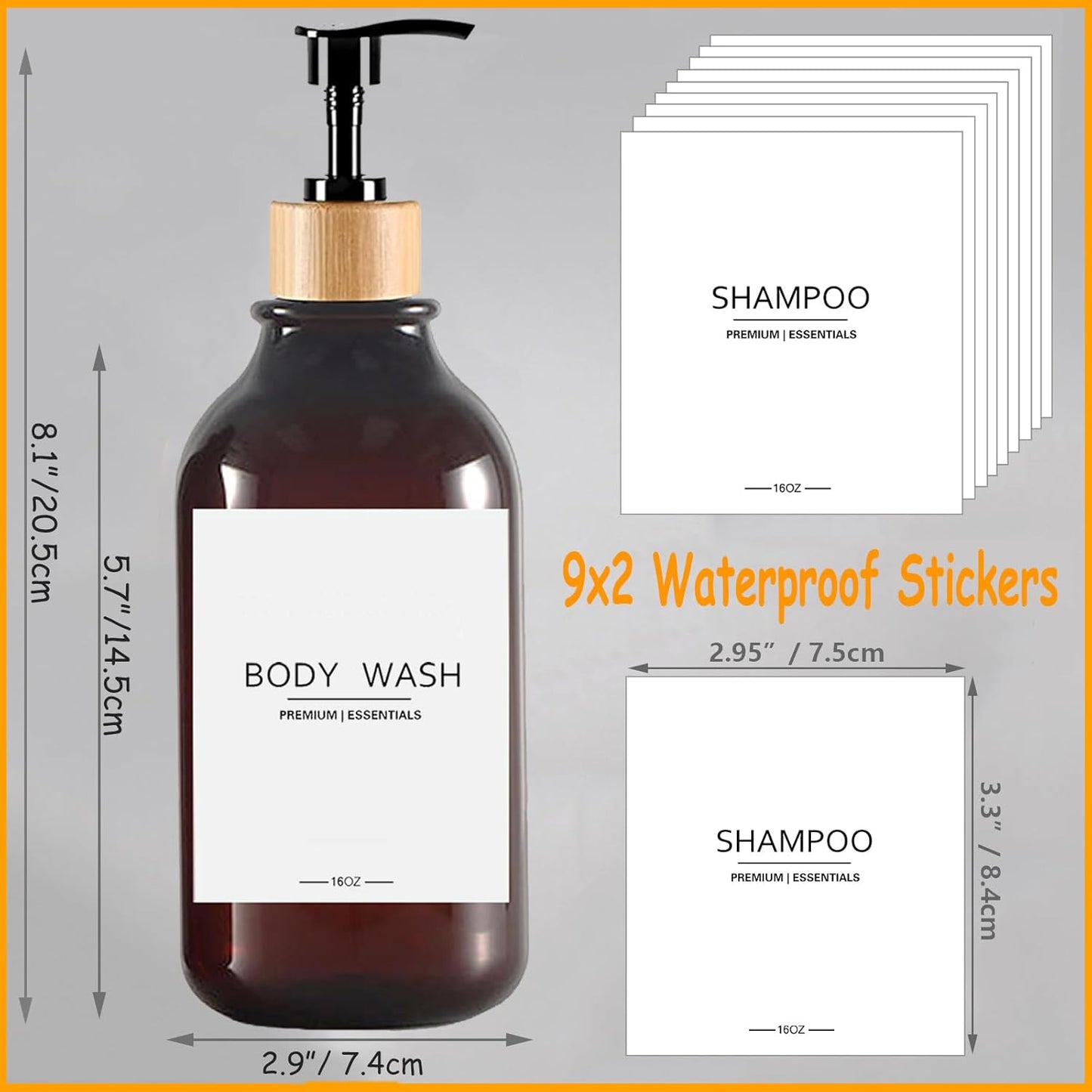 Shower Shampoo and Conditioner Bottles, Apothecary Dispenser Bamboo Pump, Refillable Bottles for Lotion Oil Hand Soap and Dish Soap, Plastic Set (3 Bottles 9 Labels) (6, Amber)