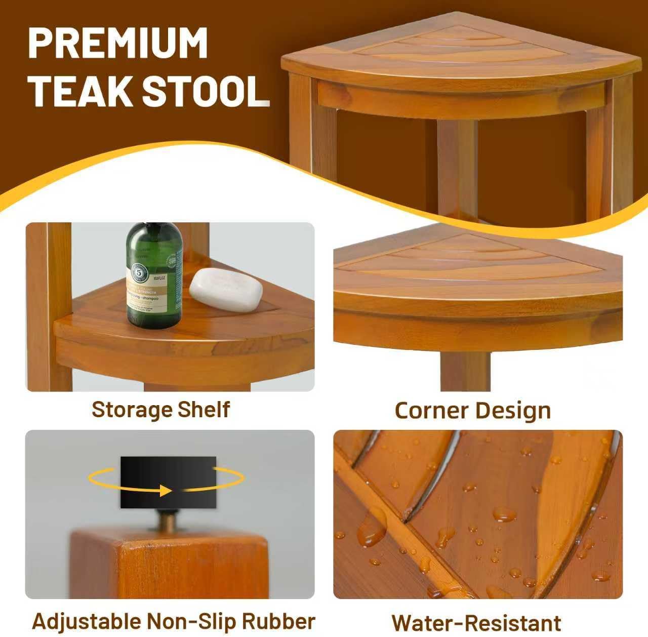 16.5" Teak Corner Shower Bench with Storage Shelf for Shaving Legs, Teak Shower Stool for Inside Shower, Waterproof Shower Foot Rest, Shower Seat for Bathroom, Indoor & Outdoor Use