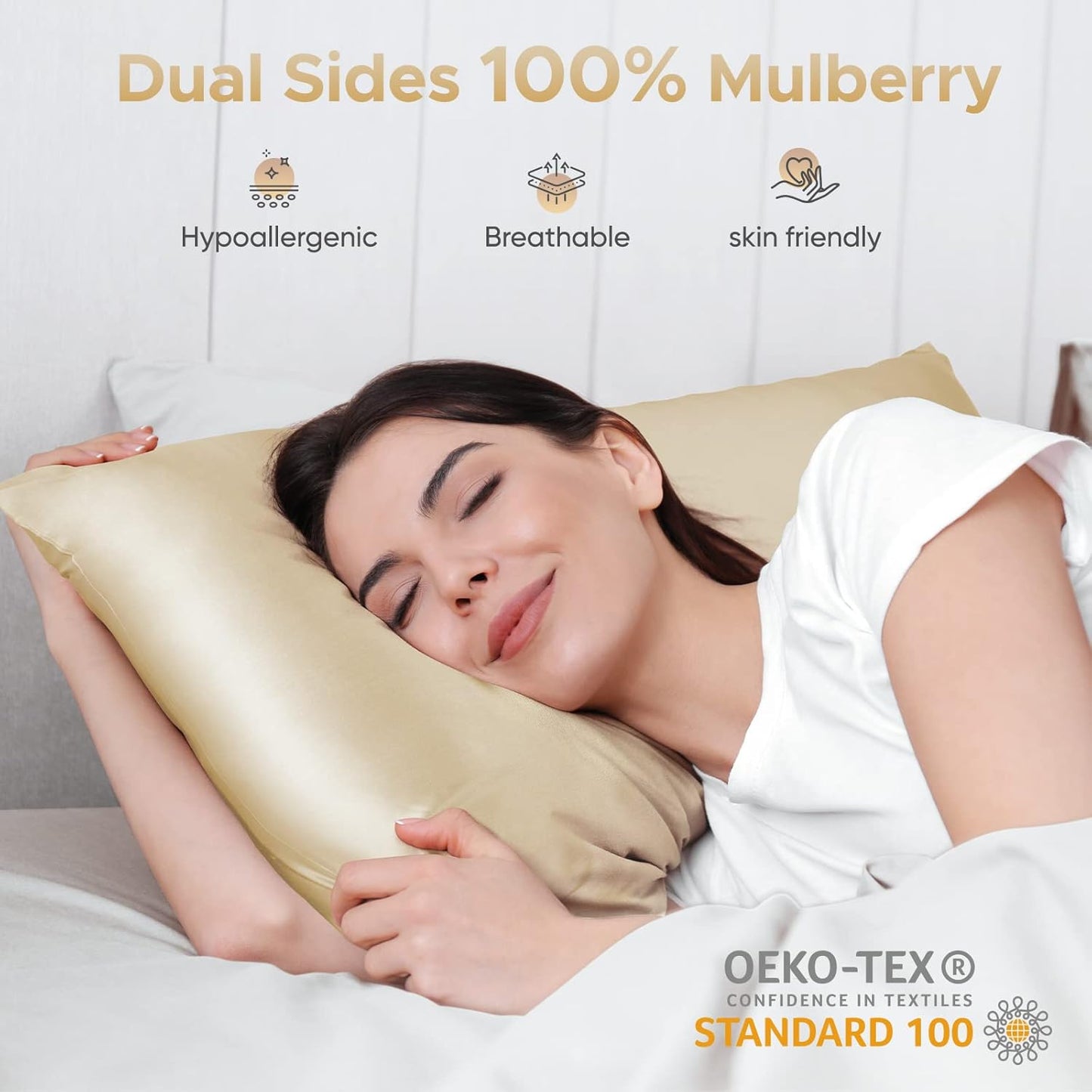 100% Pure Mulberry Silk Pillowcase for Hair and Skin - Allergen Resistant Dual Sides,600 Thread Count Silk Bed Pillow Cases with Hidden Zipper,1pc,King Size,Champagne