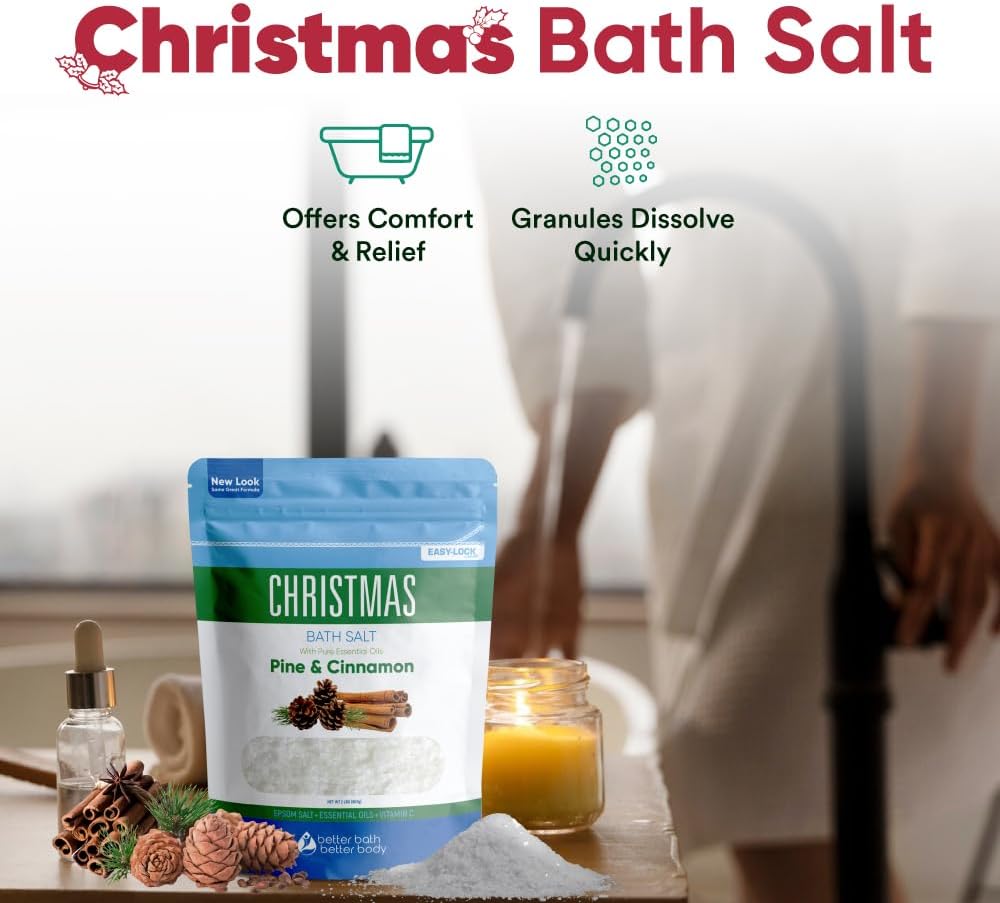 Christmas Bath Salt 32 Ounces Epsom Salt with Natural Pine, Cinnamon, Peppermint, Clove and Orange Essential Oils Plus Vitamin C in BPA Free Pouch with Easy Press-Lock Seal