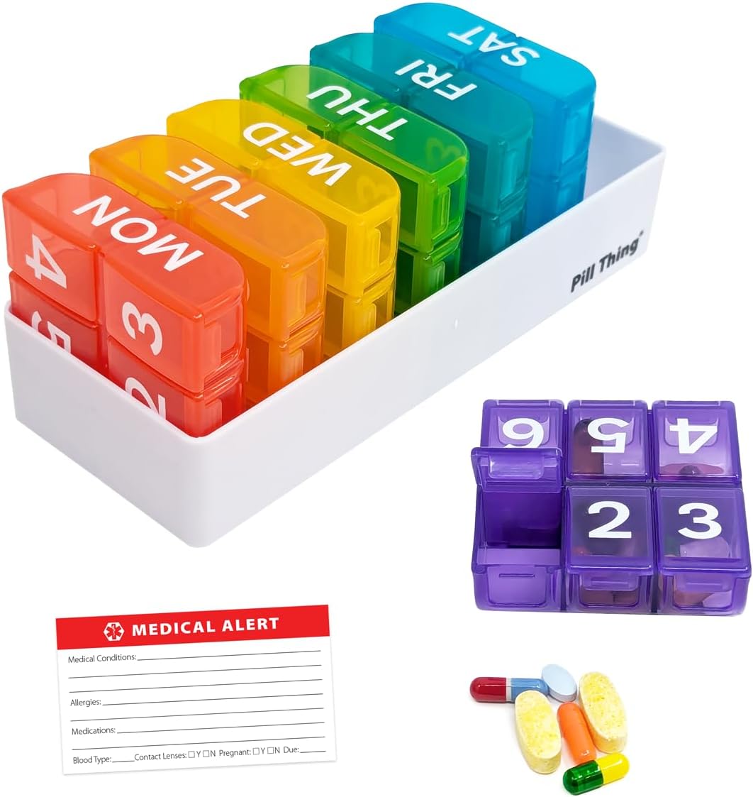 6 Times a Day, 7 Day Large Weekly Pill Organizer with Holder Tray, Vitamin, Medicine Box, Multicolor (6X a Day - 1 Pack)