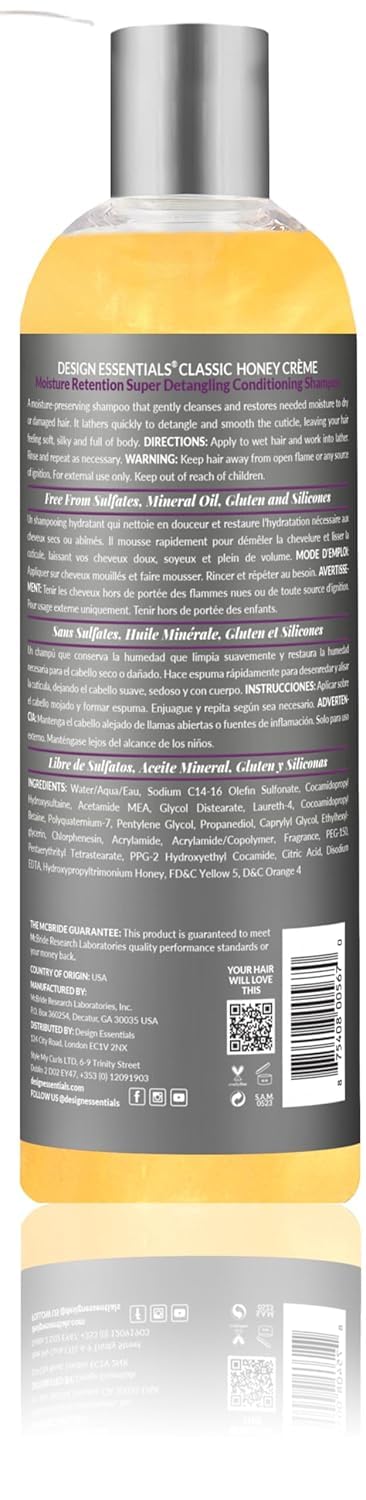 Design Essentials Honey Creme Moisture Retention Super Detangling Conditioning Shampoo, Sulfate Free for Moisturizing and Strengthening Hair, 12 Fl Oz (Pack of 1)