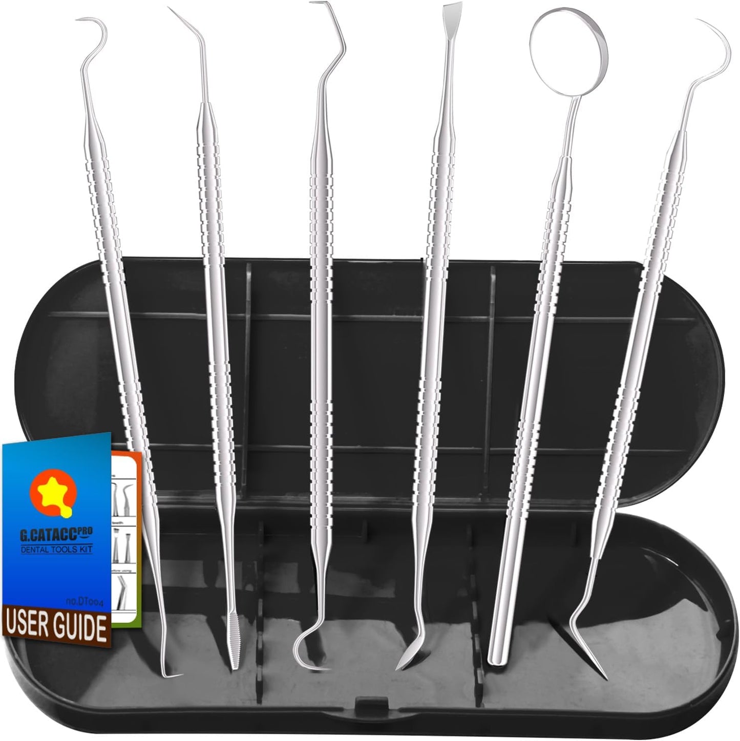 G.CATACC Dental Tools, Metal Dental Pick Teeth Cleaning Tools for Home Use, Stainless Steel Oral Care Hygiene Kit with Tooth Scraper Plaque Tartar Remover - with Case