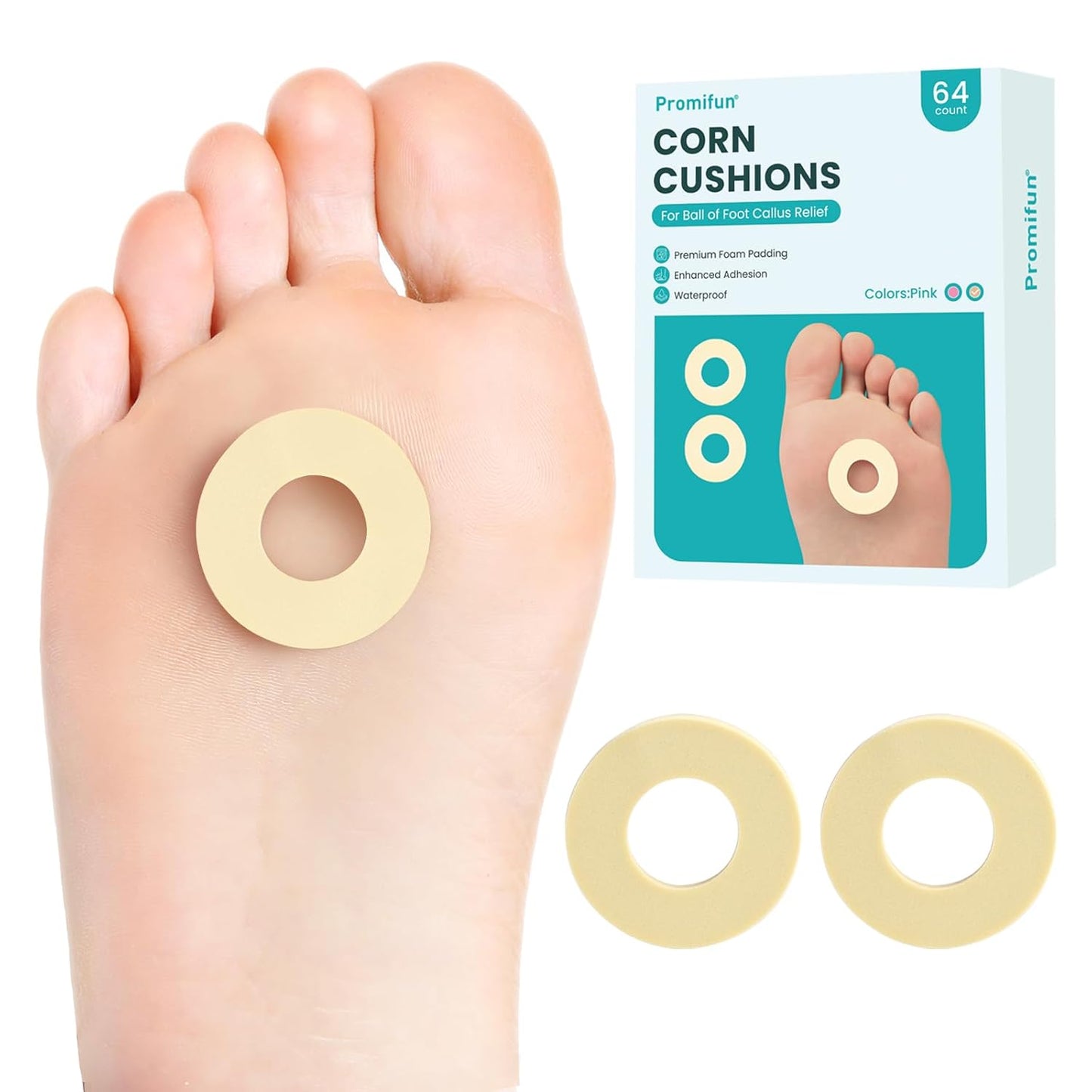 Callus Cushions for Bottom of Foot - Round Foam Padding with Water-Resistant Self-Stick Adhesive - Corn Cushions for Toes and Feet, Reduce Pain, Pressure and Friction from Shoes (Beige, 64 Count)