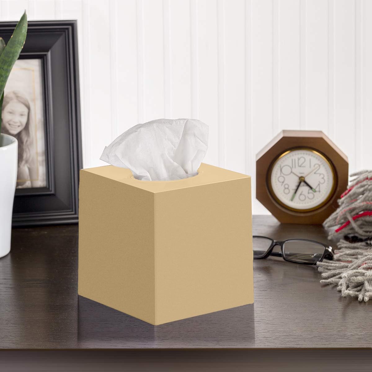 Beige Tissue Box Cover Square - Plastic Facial Tissue Box Holder Set of 2 - Decorative Cube Tissue Holder Dispensers Fit Any Vanity Countertop, Bedroom Dresser, Office Desk or Bathroom Decor