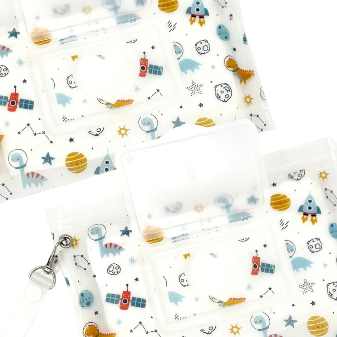 Baby Wipes Dispenser - Portable & Refillable Wet Wipe Pouch, Reusable Baby Wipes Holder & Baby Wipe Container, Baby Essential, Makeup Wipe Travel Case - Dinosaurs Love, 2pcs