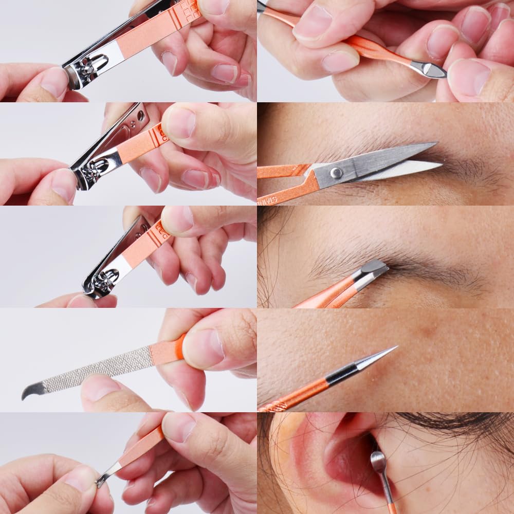 Manicure Set 10 in 1 Stainless Steel, Nail Clippers Scissors Pedicure Tools Kit - Portable Travel Grooming Kit for Men and Women with Leather Case (Rose gold)