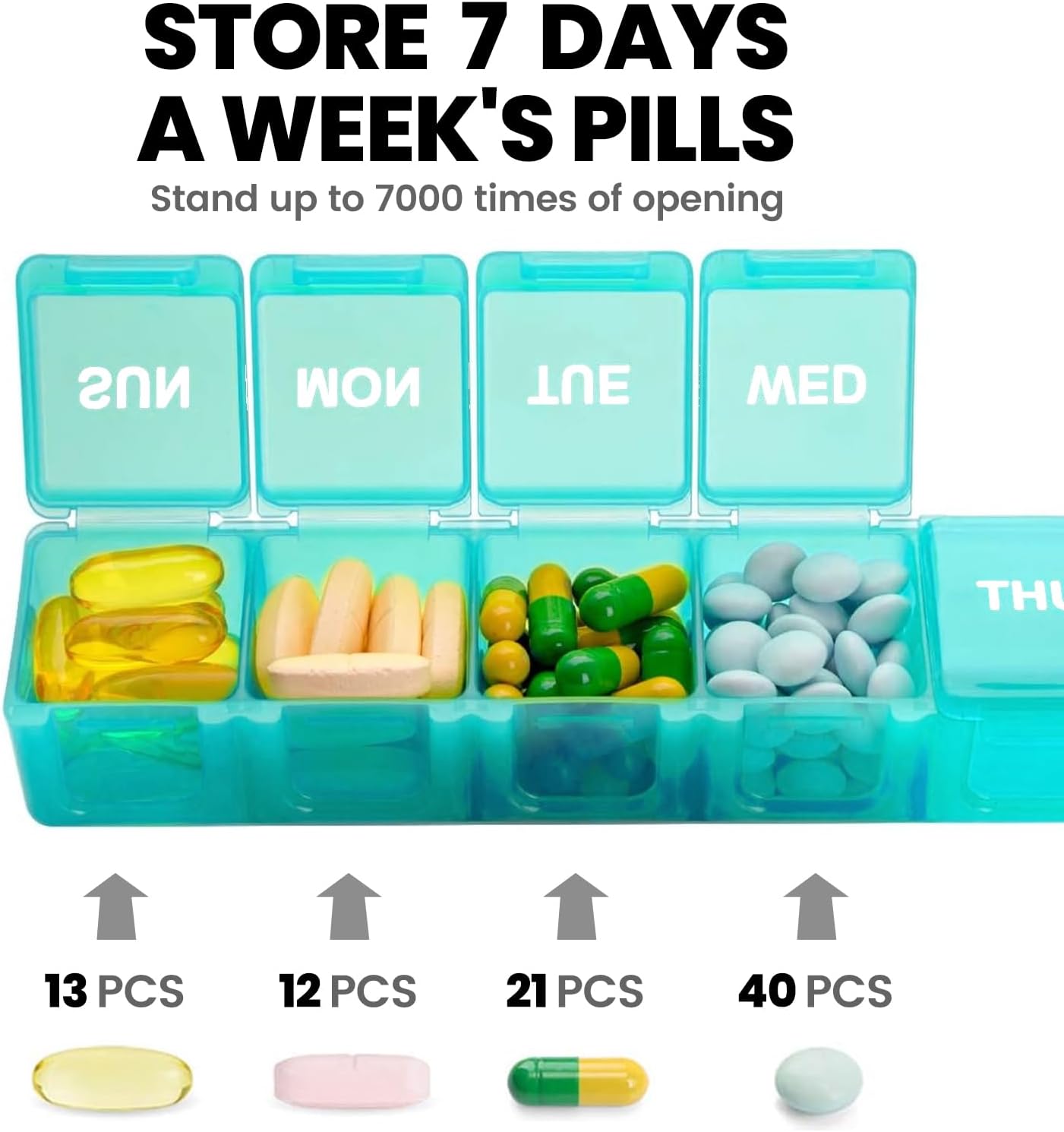 Sukuos Extra Large Weekly Pill Organizer, 7 Day Daily Pill Box Case Arthritis Friendly, Silkscreen Printed Medicine Container with Clear Lid for Vitamins, Fish Oils or Supplements (Cyan)