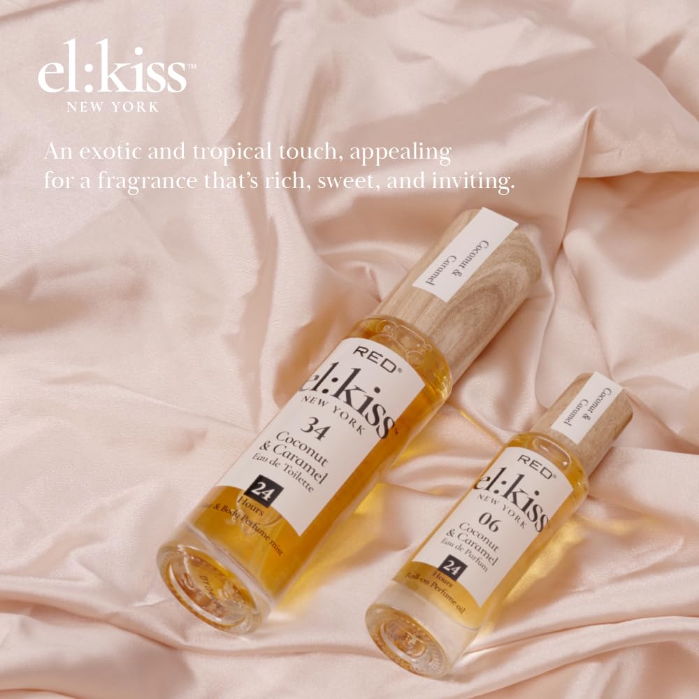 EL:KISS Hair Perfume & Body Mist, Coconut & Caramel Eau de Toilette 30mL (1.01 Fl Oz), Hydrating & Long-Lasting, Alcohol-Free & Mineral Oil-Free, Infused with Jojoba, Argan Oil & Aloe Vera