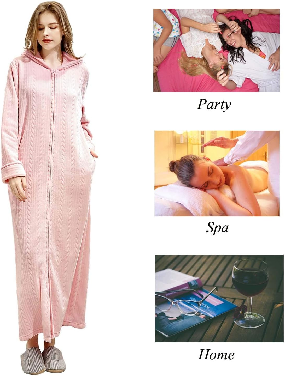Hellomamma Long Hooded Zipper Bathrobe for Womens Flannel Fleece Robes Winter Warm Housecoat Nightgown Sleepwear Pajamas