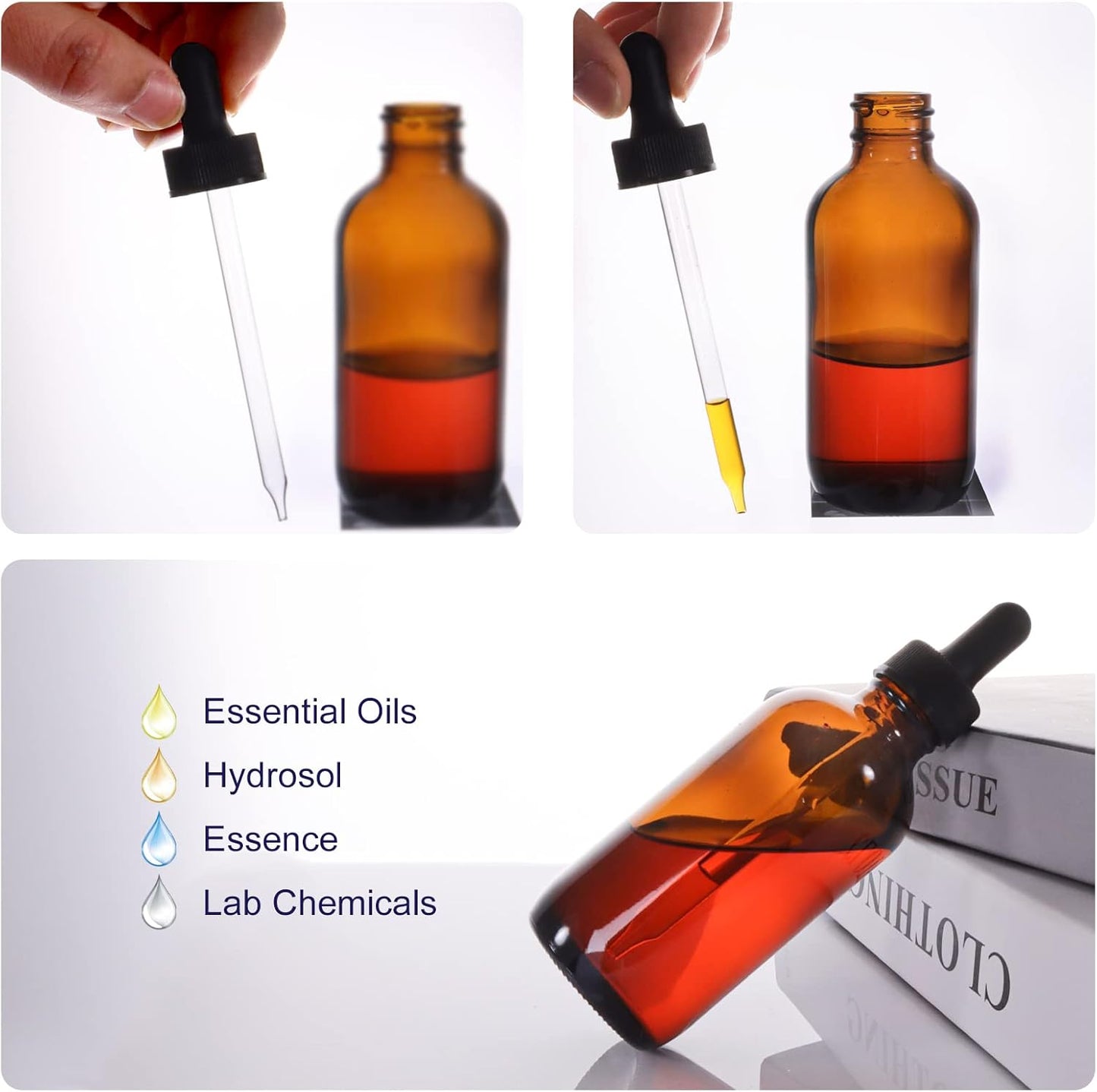 24 Pack 4oz Amber Glass Bottles with Glass Eye Droppers for Essential Oils, Perfumes & Lab Chemicals (Brushes, Funnels, Extra Droppers, Labels & Measuring Cup Included)