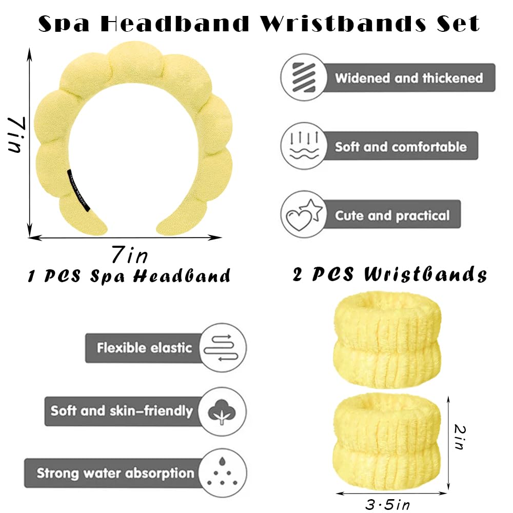 Spa Headbands for Washing Face Wristband Set Sponge Makeup Skincare Headband Wrist Towels Bubble Soft Terry Towel Cloth Hairband for Women Puffy Headwear Non Slip Thick Thin Hair Headwear (Yellow)