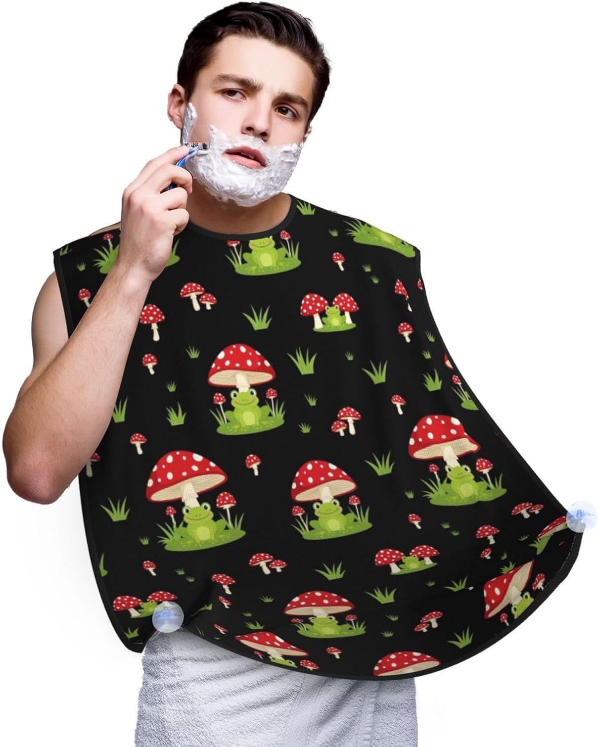 Beard Hair Catcher for Men, Waterproof Shaving Bib Apron Non-Stick, Trimming Tool for Dad Husband, Cute Frogs Cartoon Mushroom Hats Shave Bib