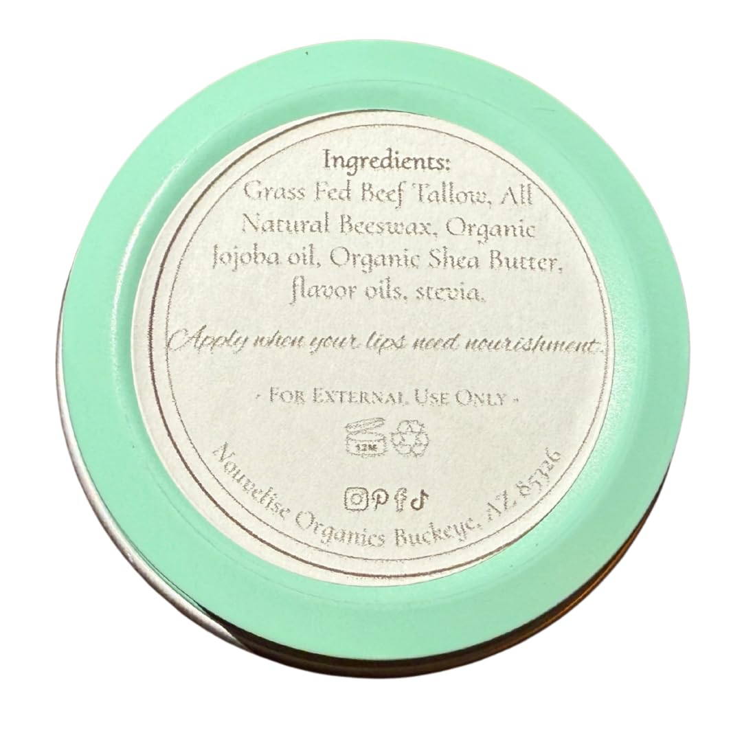 Nouvelise Organics Tallow Lip Balm | 100% Organic Beef Tallow, Organic Beeswax, Jojoba, and Shea Butter | Moisturizing Lip Care for Dry, Chapped Lips | Handcrafted in USA (1oz, Melon Mint)
