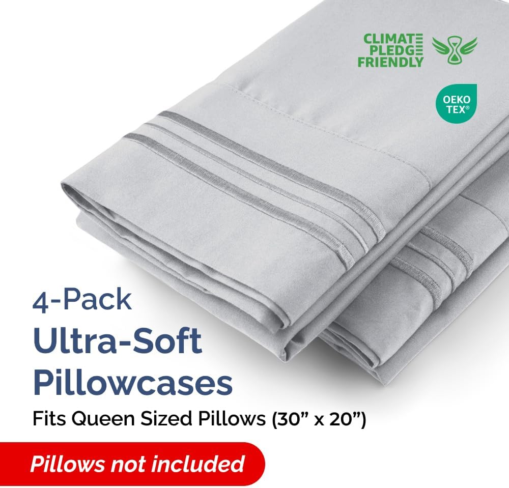 CGK Unlimited Queen Size Microfiber Pillowcase Set of 4 - Soft, Premium Quality, Machine Washable, 20x40, 20x36 & 20x48 Pillows for Sleeping - Steel Blue