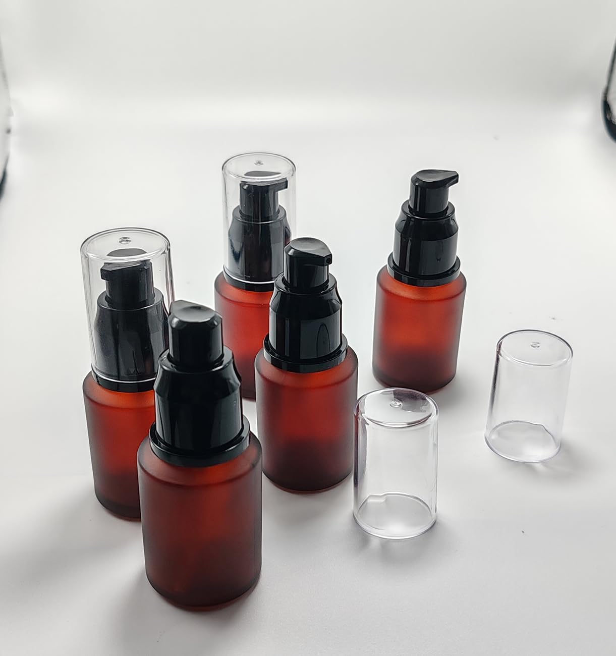 Brown 30ml Frosted Glass Pump Bottles, Empty Refillable Cream Lotion Bottles, Toiletries Liquid Container, Travel Sample Bottles with Cap for Cosmetic Makeup