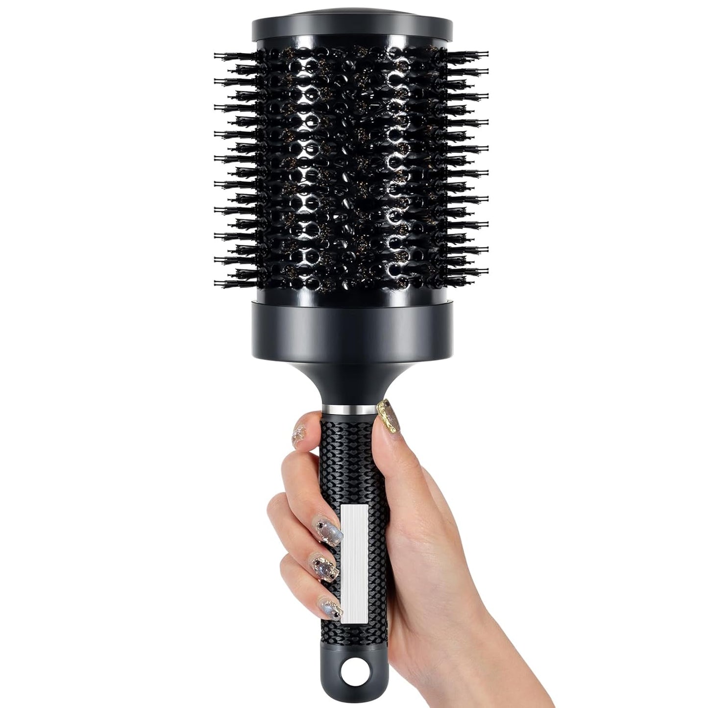 SIMPOR Large Round Brush for Blow Out, Nano Thermal Ceramic & Ionic Tech Round Barrel Hair Brush with Boar Bristles, Roller for Blow Drying (Black, 4 inch, Barrel 2.7 Inch, 65mm)