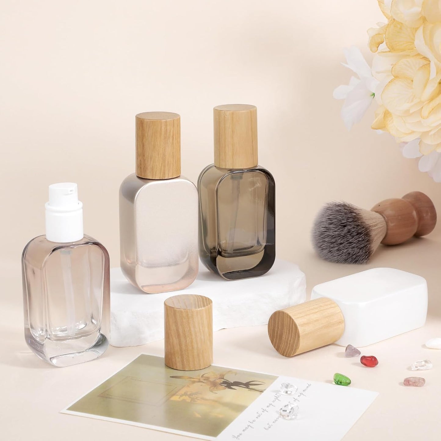 Segbeauty 1oz Empty Glass Lotion Dispenser with Pump, 4pcs Glass Travel Pump Bottle Refillable, 30ml Mini Travel Lotion Container for Toiletries in Mixed Color, Leakproof Small Bottles for Liquids