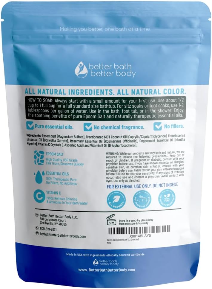 Joints Soak Bath Salt 32 Ounces Epsom Salt with Natural Rosemary, Frankincense and Peppermint Essential Oils Plus Vitamin C in BPA Free Pouch with Easy Press-Lock Seal