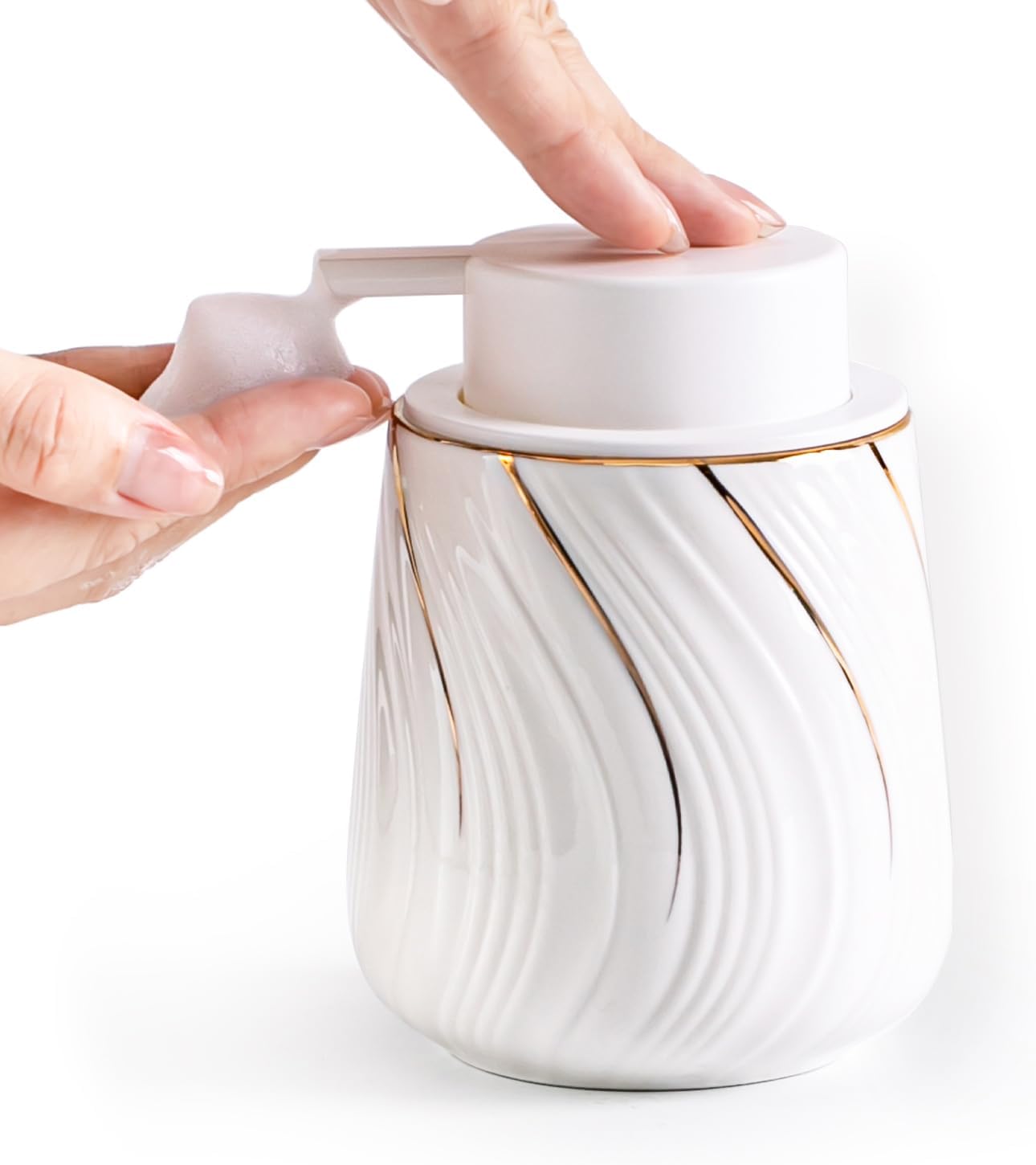Foam Hand Soap Dispenser - 13.5 oz Ceramic foaming Hand soap Dispenser with Easy-to-Press Pump for Bathroom refillable Liquid Hand soap Dispenser (Foam-White with Gold Thread)