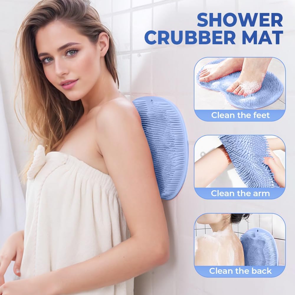 Shower Foot Scrubber Mat with Non-Slip Suction Cups, Non Slip Bathtub and Shower Mat with Suction Cups and Drain Holes, Foot Back Cleaning Pad Back Washer Exfoliating Bath Wash Pad (Pink)