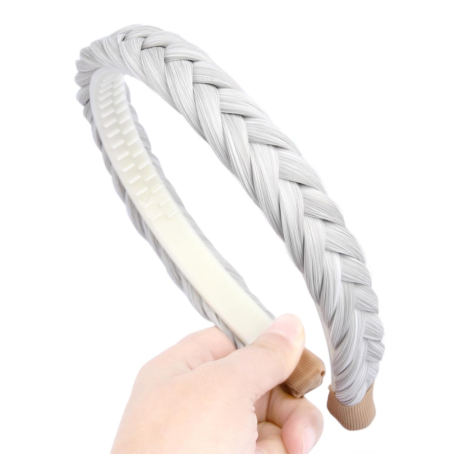 DIGUAN Width 0.9 inches Synthetic Hair Plaited Headband Braid With Teeth Hair Band Accessories for Women Girl (White Gray)