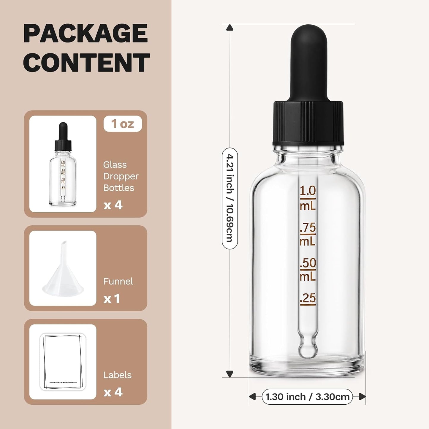 Bumobum Dropper Bottle, 1 oz Clear Glass Dropper Bottle with Measured Dropper, Empty Eye Tincture Bottles with Funnel & Labels for Essential Hair Oils Serums, 4 Pack