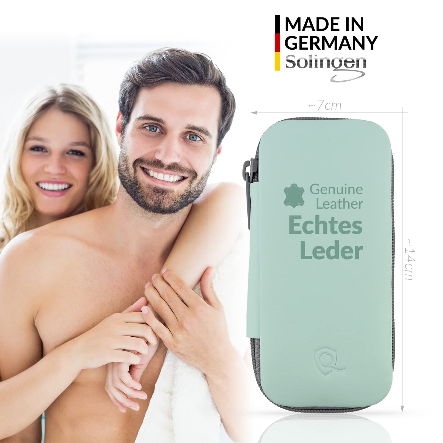 Manicure Set Solingen Made in Germany - 7 Piece Exclusive Finger & Toe Nail Clippers Kit for Women and Men in Real Leather Case, Color Mint