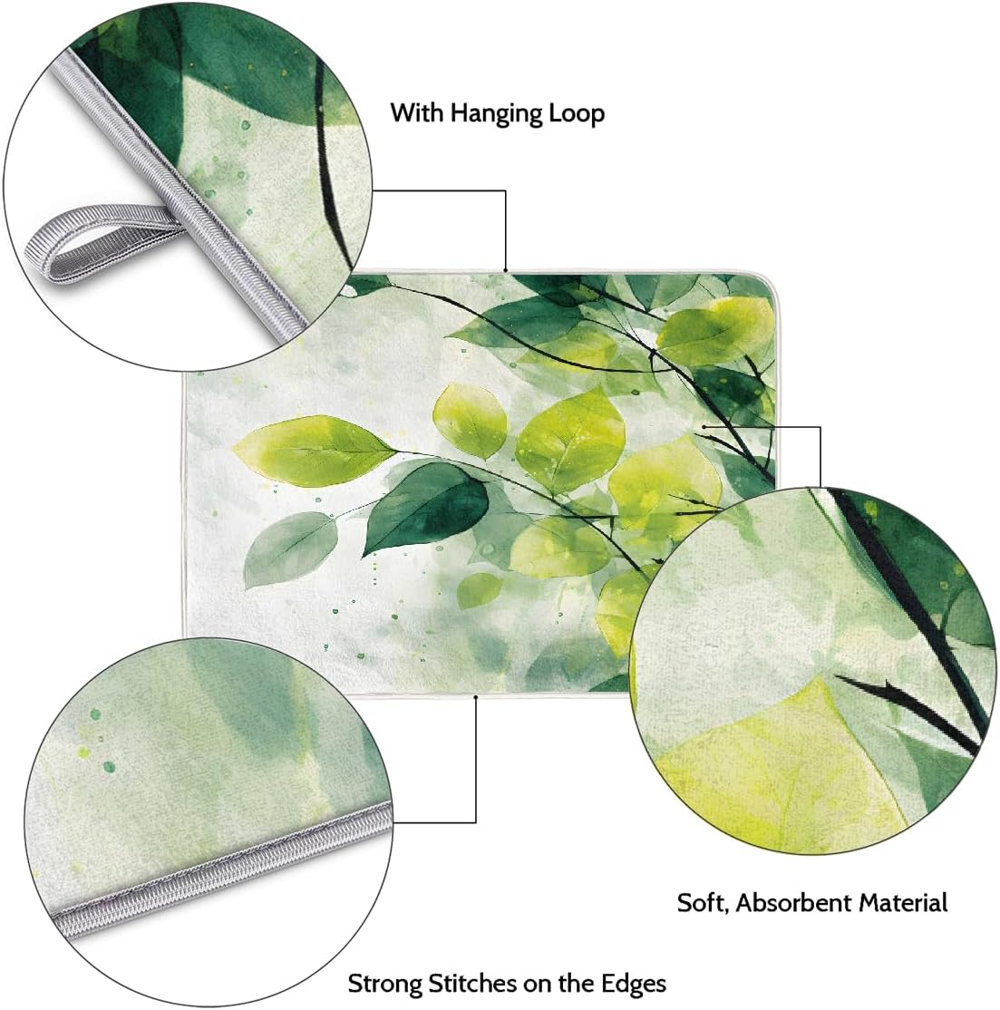 Dish Drying Mat Watercolor Green Leaves Art Large Drying Mat for Kitchen Counter 18x24in Absorbent Dish Drainer Rack Pad, Heat Resistant Coffee Bar Mats Countertop Protector