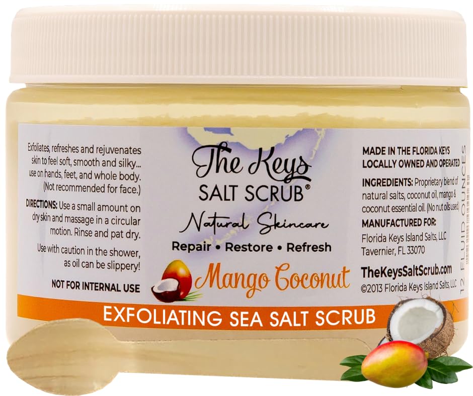 The Keys Salt Scrub -Sea Salt Scrub - Exfoliating Body Scrub with Wooden Spoon - Moisturizing Exfoliator for Hands, Foot, Bath, (12 Ounce (Pack of 1), Mango Coconut)