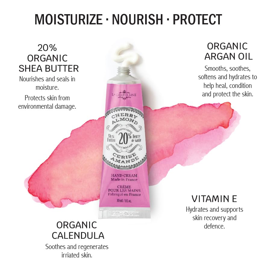 La Chatelaine 20% Shea Butter Hand Cream, Travel Size, Organic Argan Oil, Moisturizing, Nourishing, Repairing, Extra Rich, Non-Greasy, Made in France, Paraben Free, 1 oz/ 30ml (Cherry Almond)