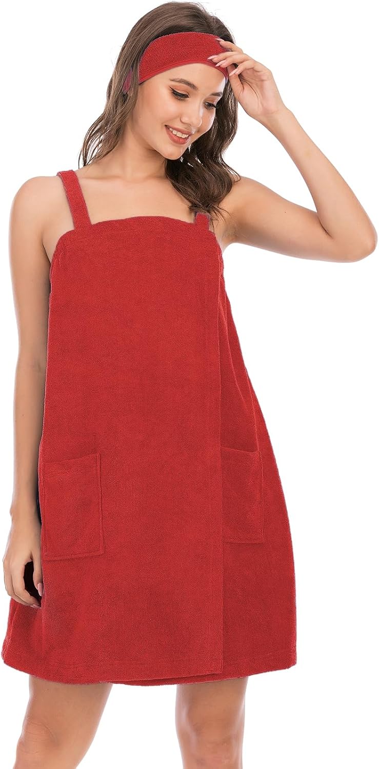 Veseacky Women Bath Wrap Towel for Womens Shower with Pocket Adjustable Spa Robe & Facial Headband