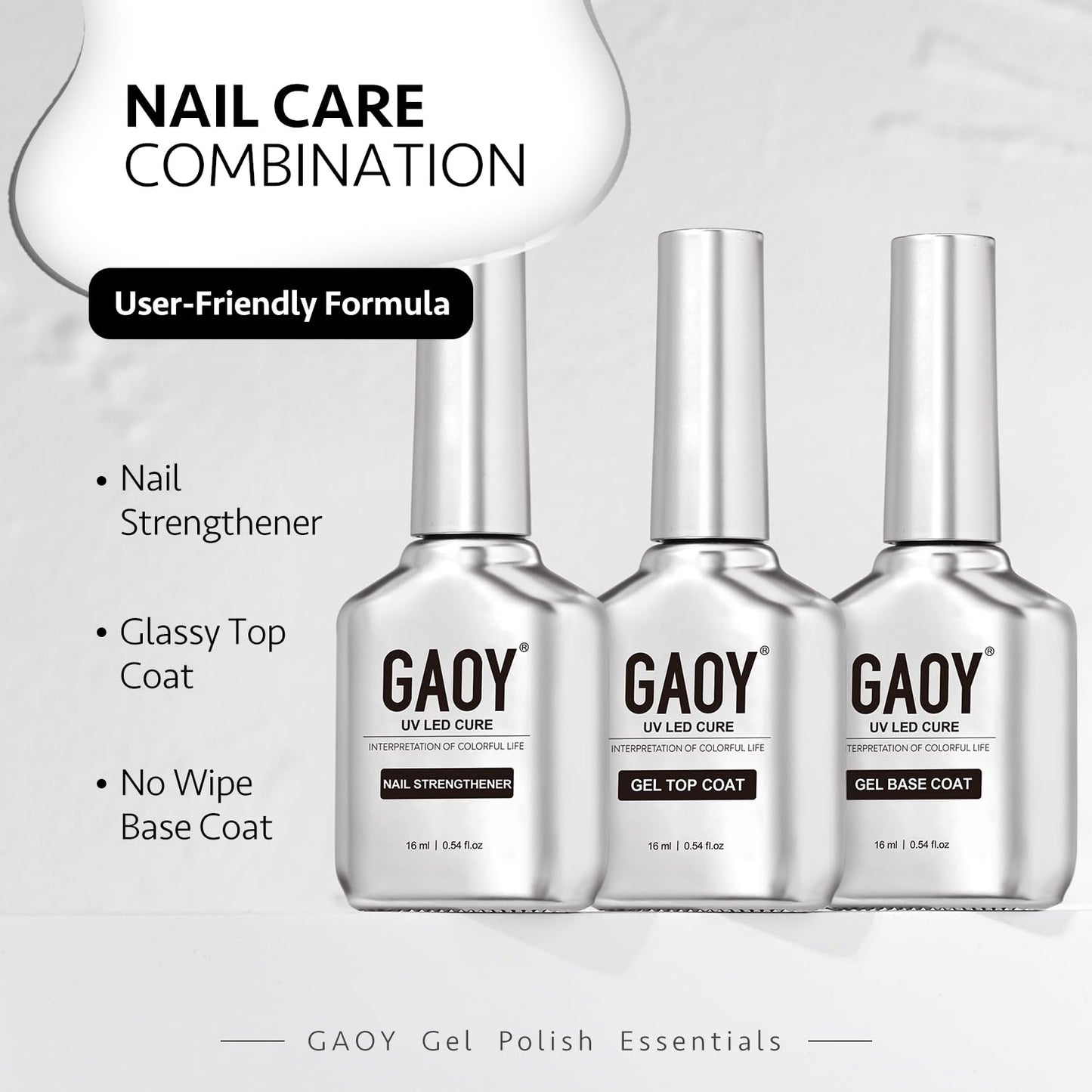 GAOY Gel Top Coat, Nail Strengthener and Base Coat Set, 3 Pcs 16ml Clear Glossy No Wipe Combination for UV Light Cure Gel Nail Polish